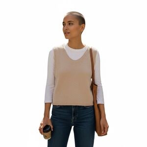 Cozy Life Beige Knit Sweater Vest V-Neck Sleeveless Tank Top Large